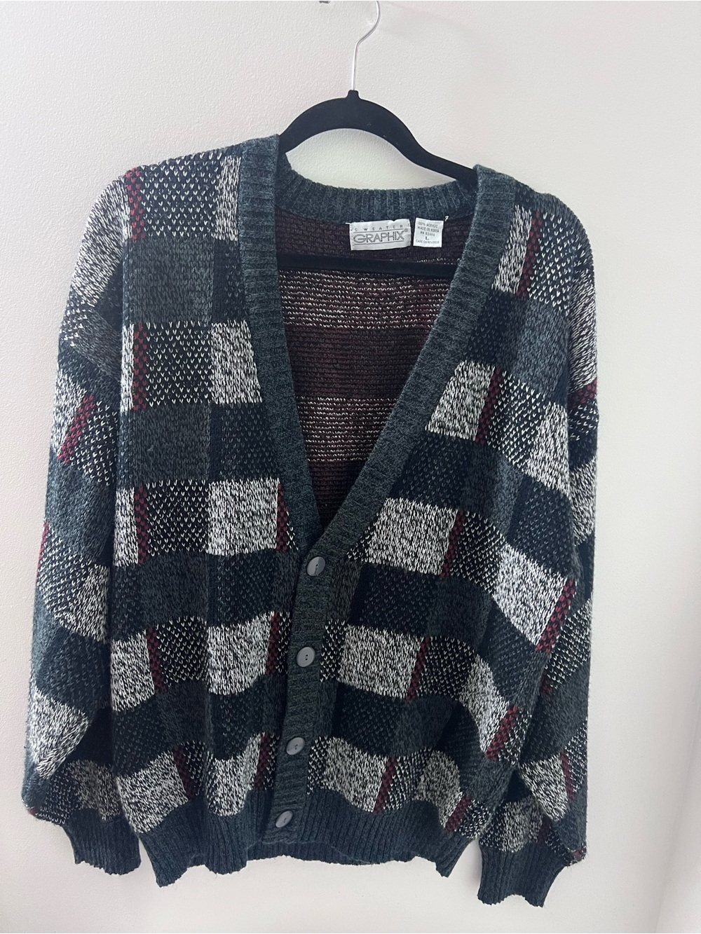 Graphix Men’s Charcoal Plaid Button-Front Cardigan with Burgundy Accents
